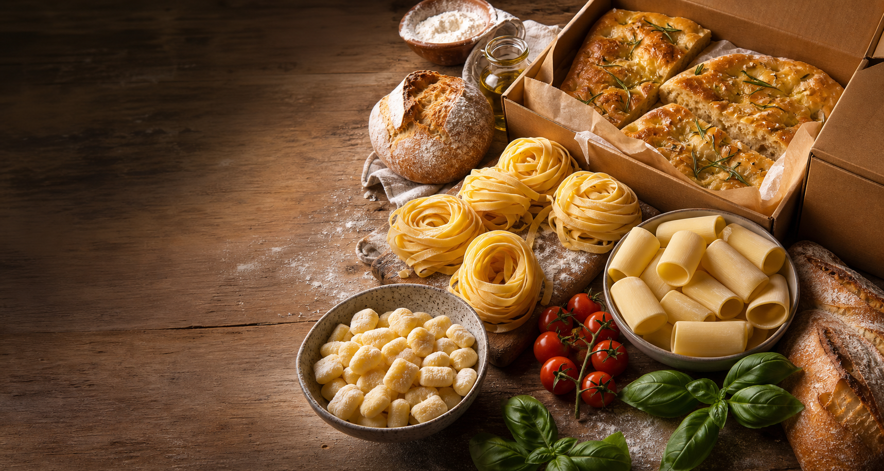 Cantina Box weekly Italian food delivery with fresh pasta rolls, bread and focaccia