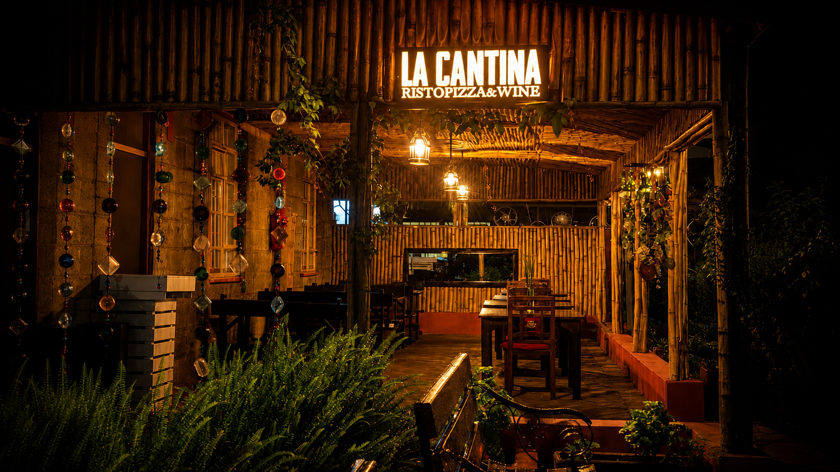 La Cantina garden restaurant at night